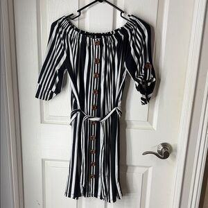 J for Justify Black & White Striped Off-Shoulder Midi Dress